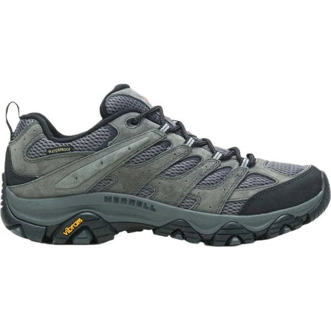 Merrell Moab 3 WP low hiking shoe in granite grey with Vibram outsole and mesh upper