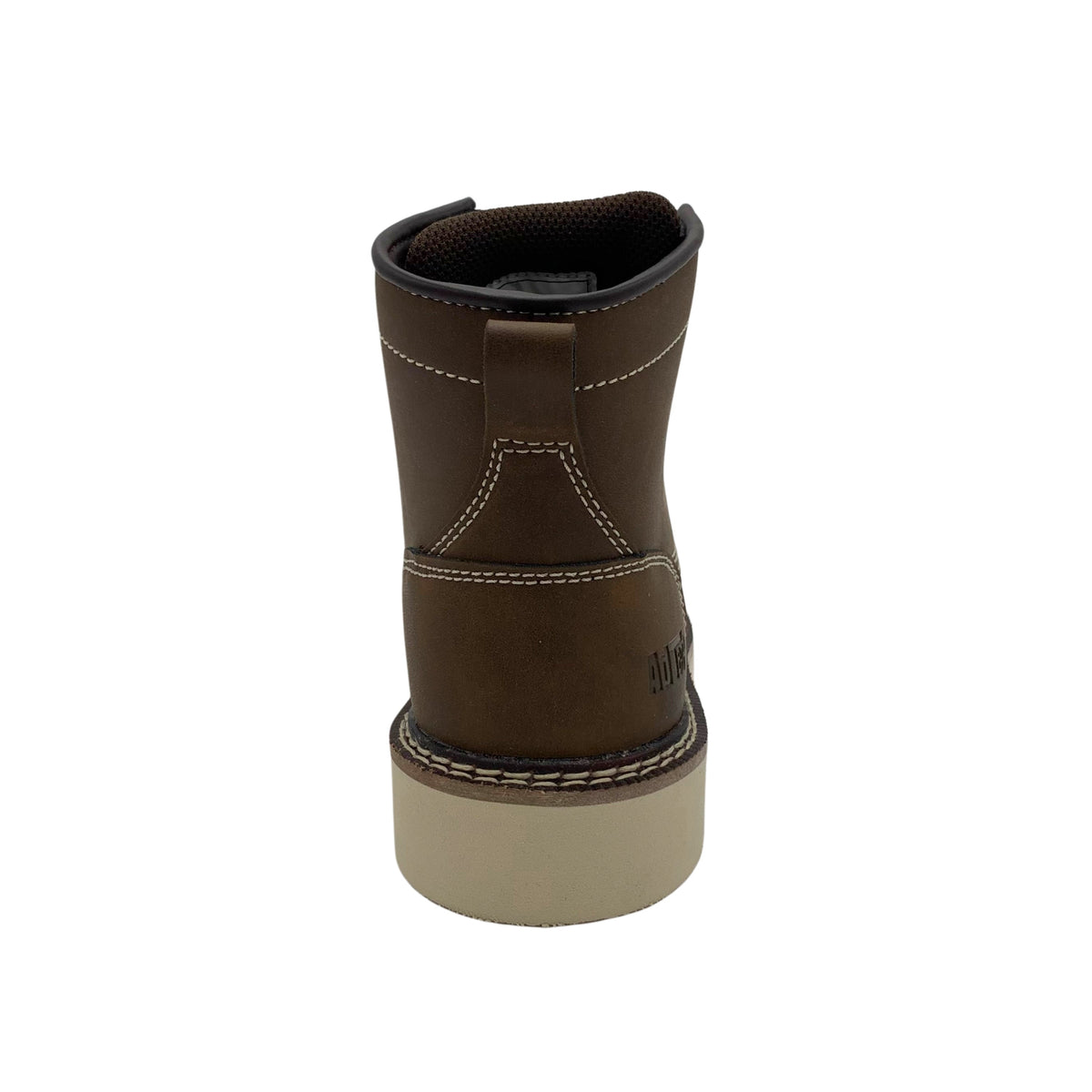 Back view of kids moc toe lace-up boot with pull tab and wedge sole