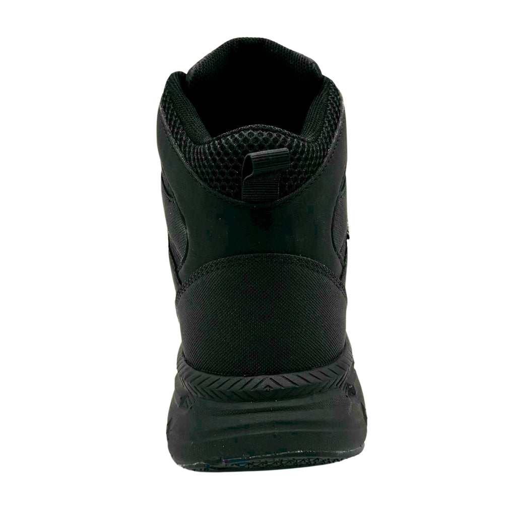 Rear view of a men's high-top safety toe work boot with pull tab and cushioned collar