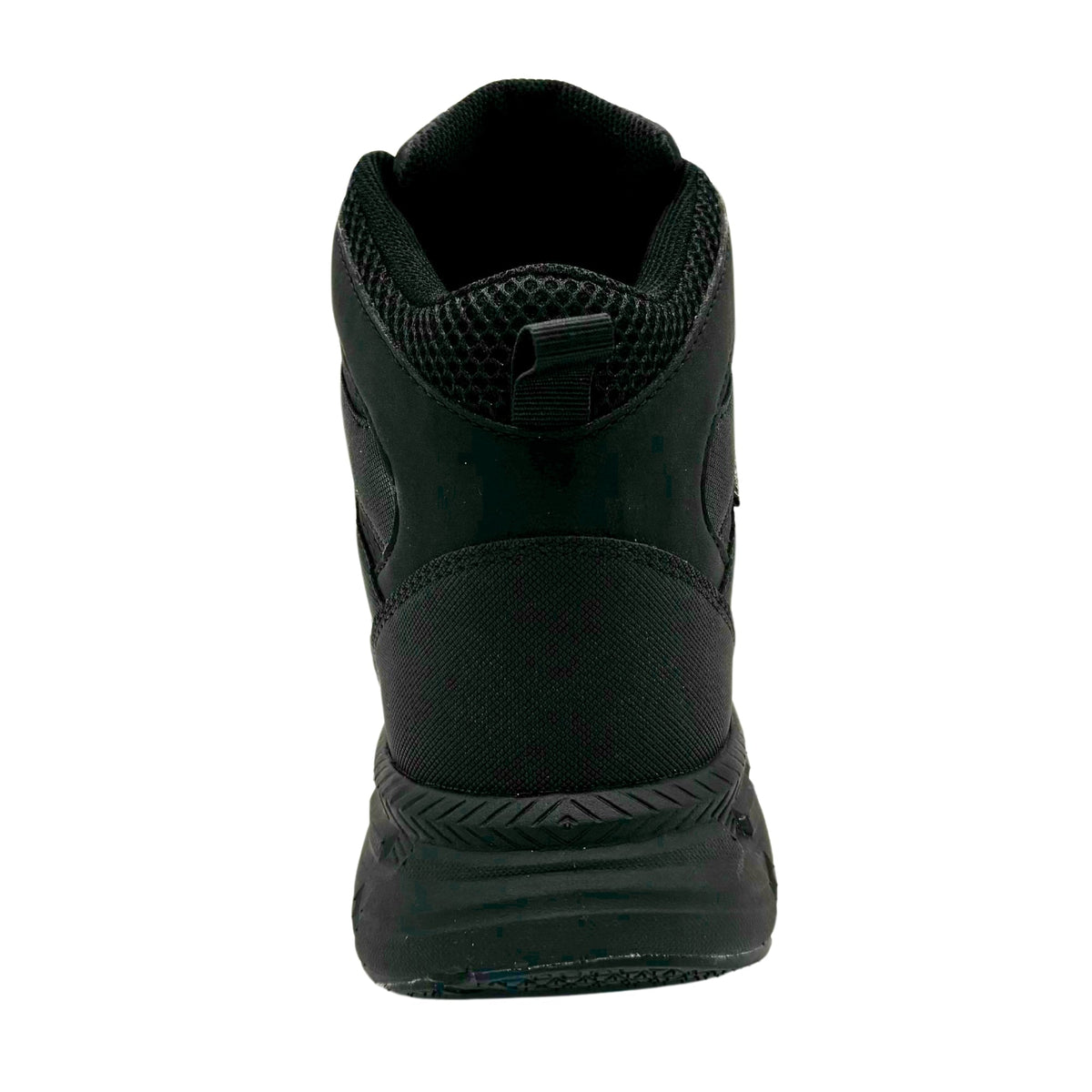 Rear view of a men's high-top safety toe work boot with pull tab and cushioned collar