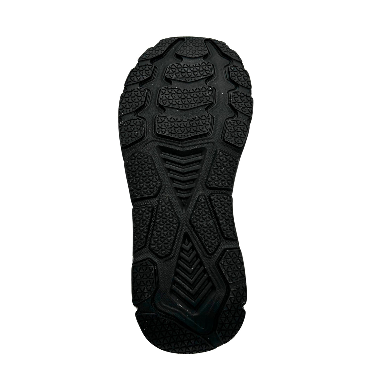 Bottom view of a men's safety toe boot outsole showing rugged tread pattern and grip zones