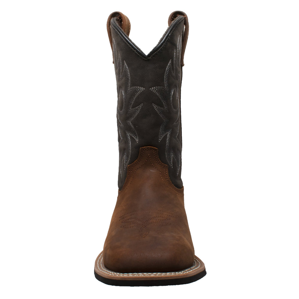 AdTec mens 12-inch western work boot with dark shaft and brown toe box, front view