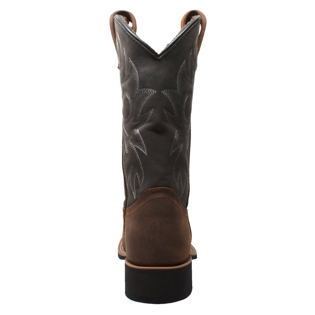 Back view of men's tall western work boot with decorative stitching and pull tabs