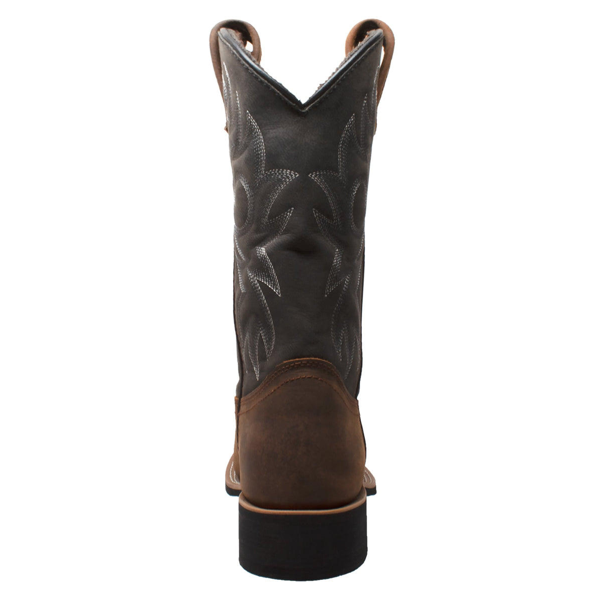 Back view of men's tall western work boot with decorative stitching and pull tabs