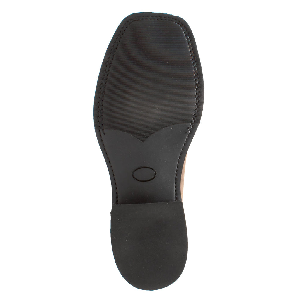 Bottom sole view of a men's western work boot showing black rubber and leather outsole construction
