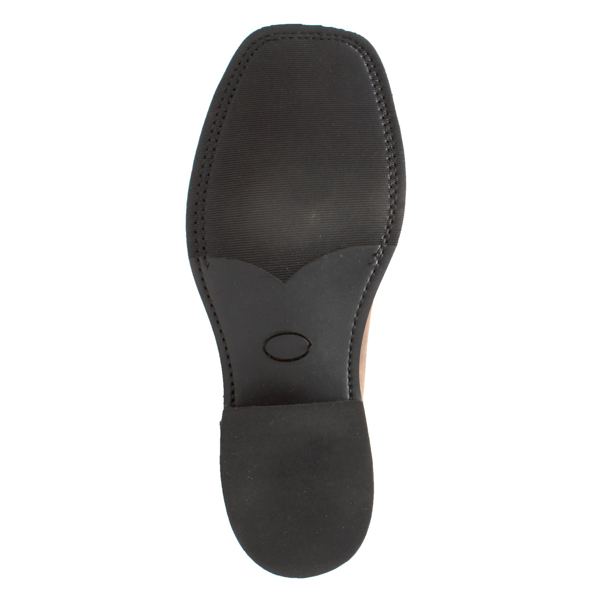 Bottom sole view of a men's western work boot showing black rubber and leather outsole construction