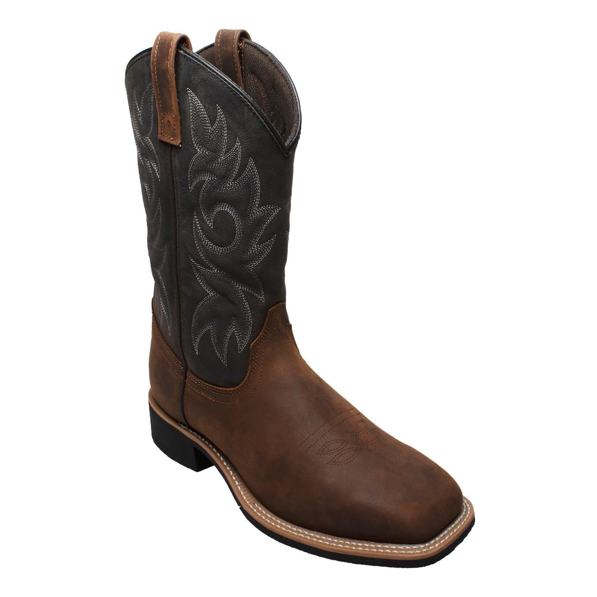 AdTec mens 12-inch western work boot with dark embroidered shaft and brown leather foot