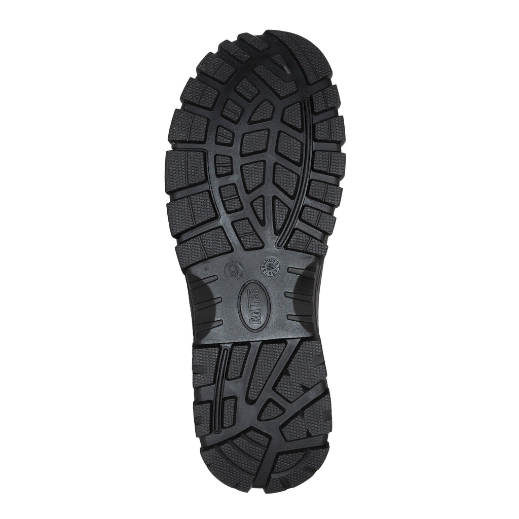 Bottom sole view of AdTec men's waterproof composite toe work boot with aggressive lug tread pattern