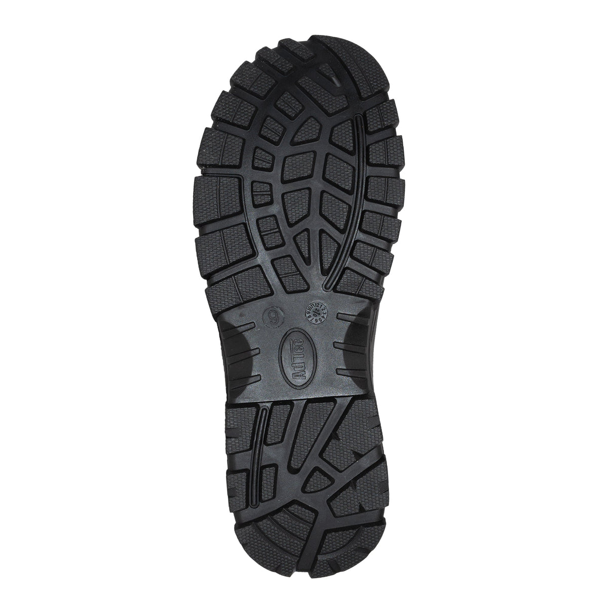 Bottom sole view of AdTec men's waterproof composite toe work boot with aggressive lug tread pattern