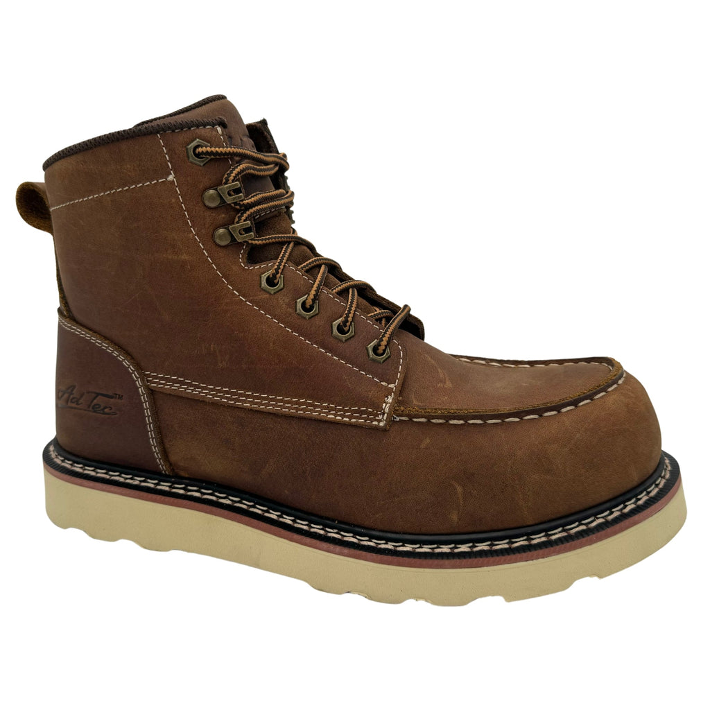 AdTec mens 6-inch moc toe lace-up work boot with wedge sole, side view