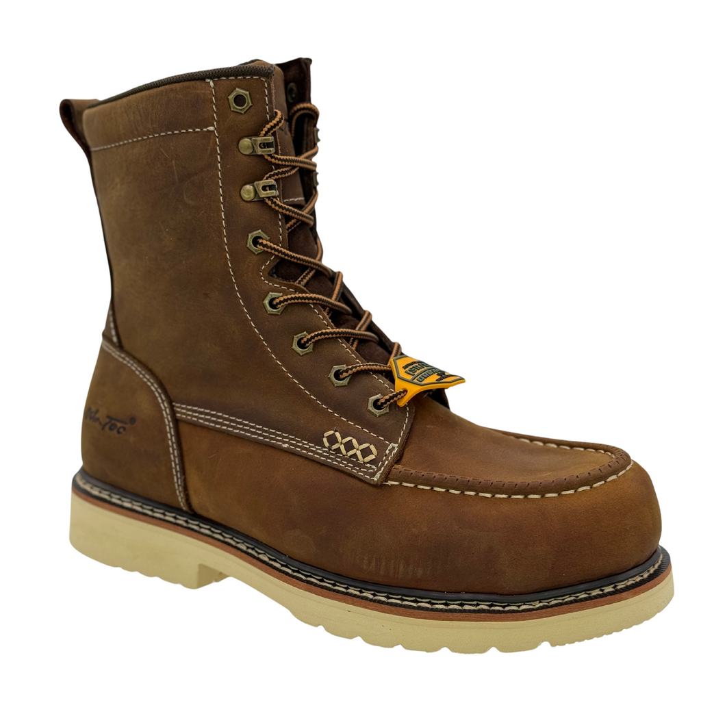 AdTec mens 8-inch moc toe lace-up work boot with cream wedge sole