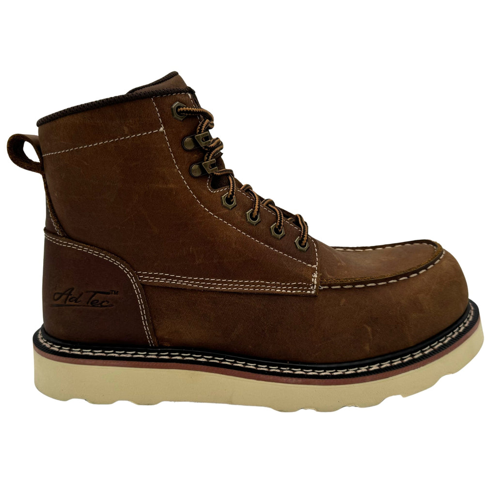 AdTec mens 6-inch moc toe lace-up work boot with wedge sole, lateral view