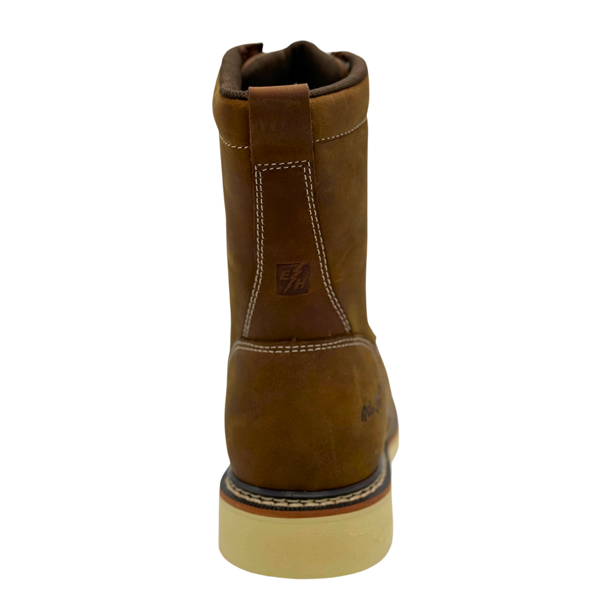 Rear view of a men's 8-inch moc toe work boot with white wedge sole and pull tab