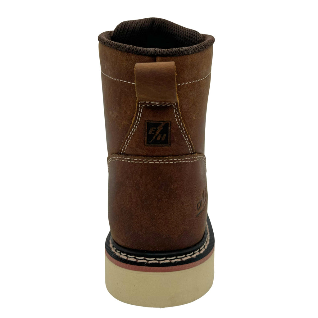 Back view of a men's 6-inch moc toe work boot with pull tab and wedge sole