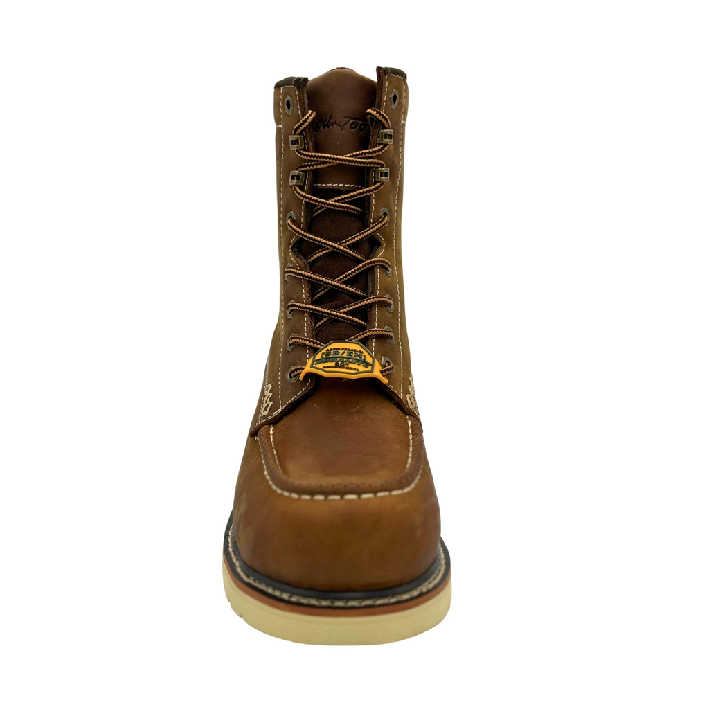 AdTec mens 8-inch moc toe lace-up work boot with wedge sole, front view