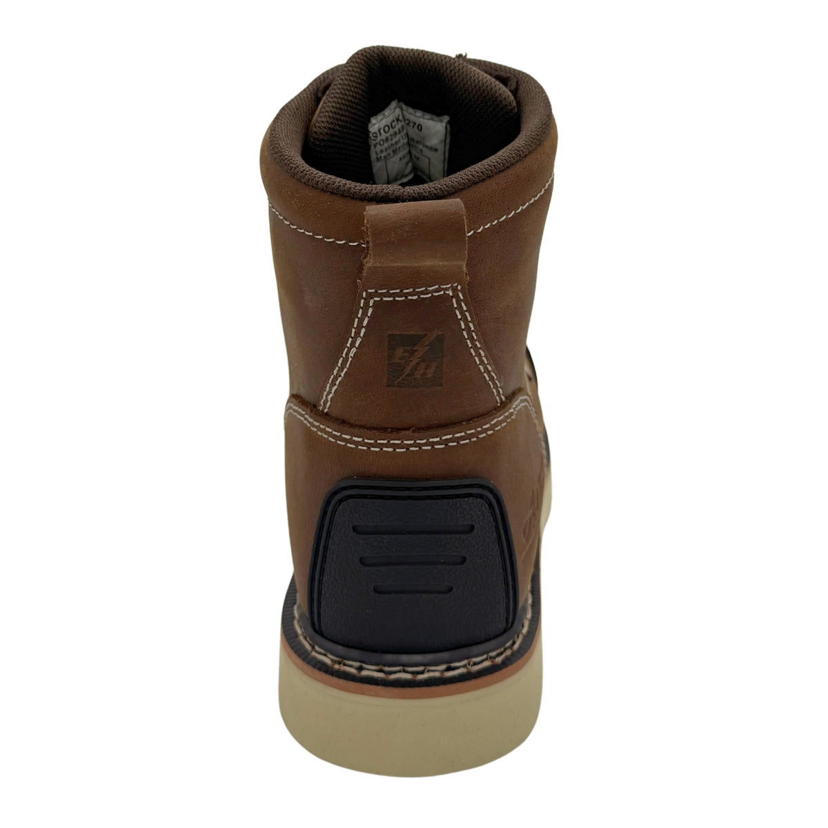Rear view of mens 6-inch composite toe work boot with pull tab and wedge sole