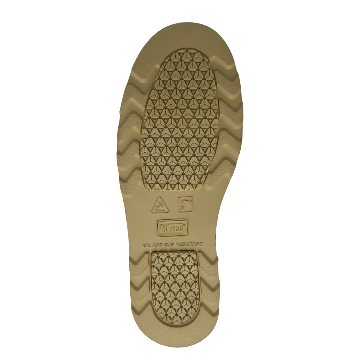 Bottom sole view of AdTec moc toe boot showing oil and slip resistant tread pattern