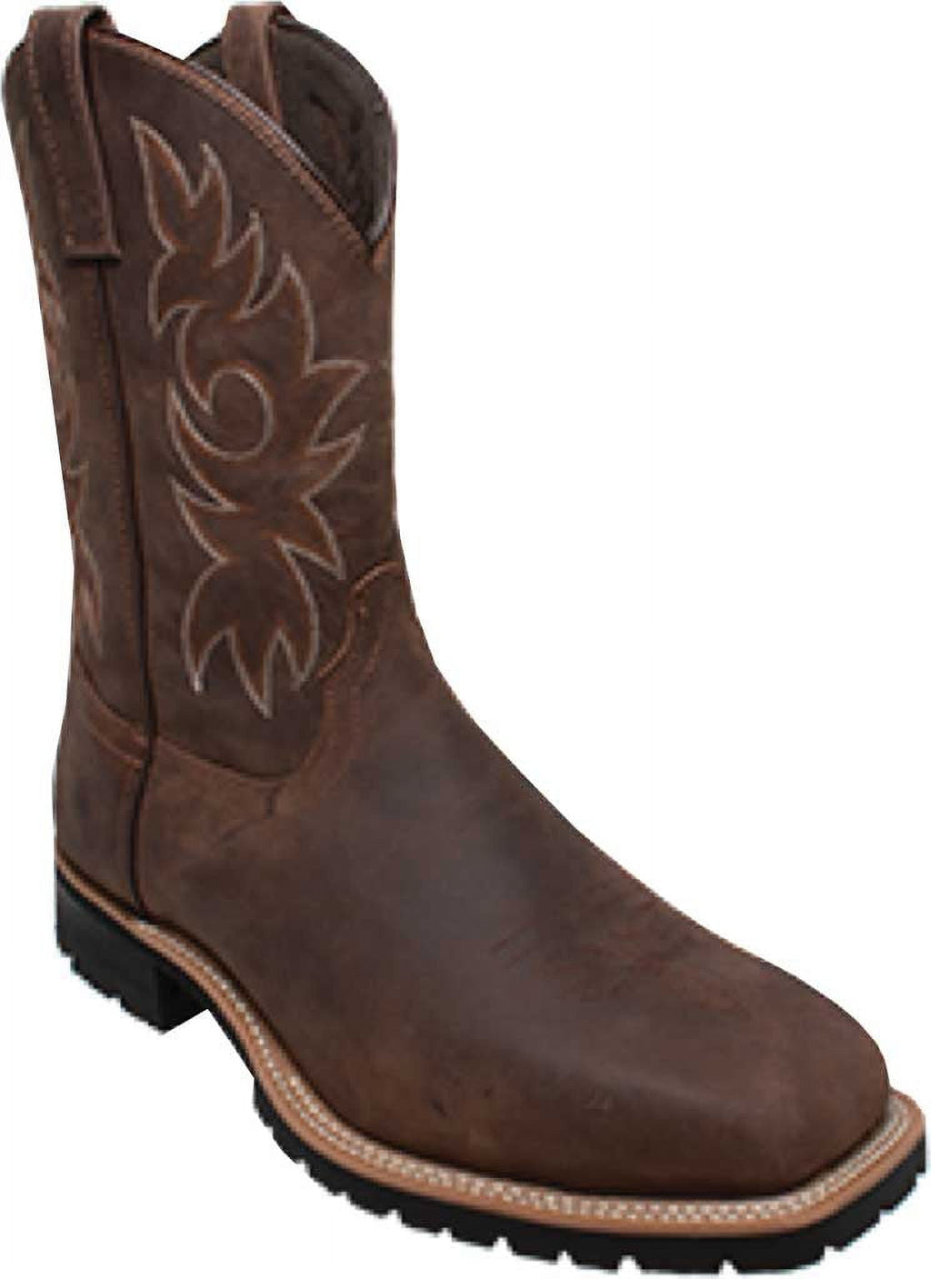 Men's 12-inch western work boot with square toe, pull tabs, and decorative stitching