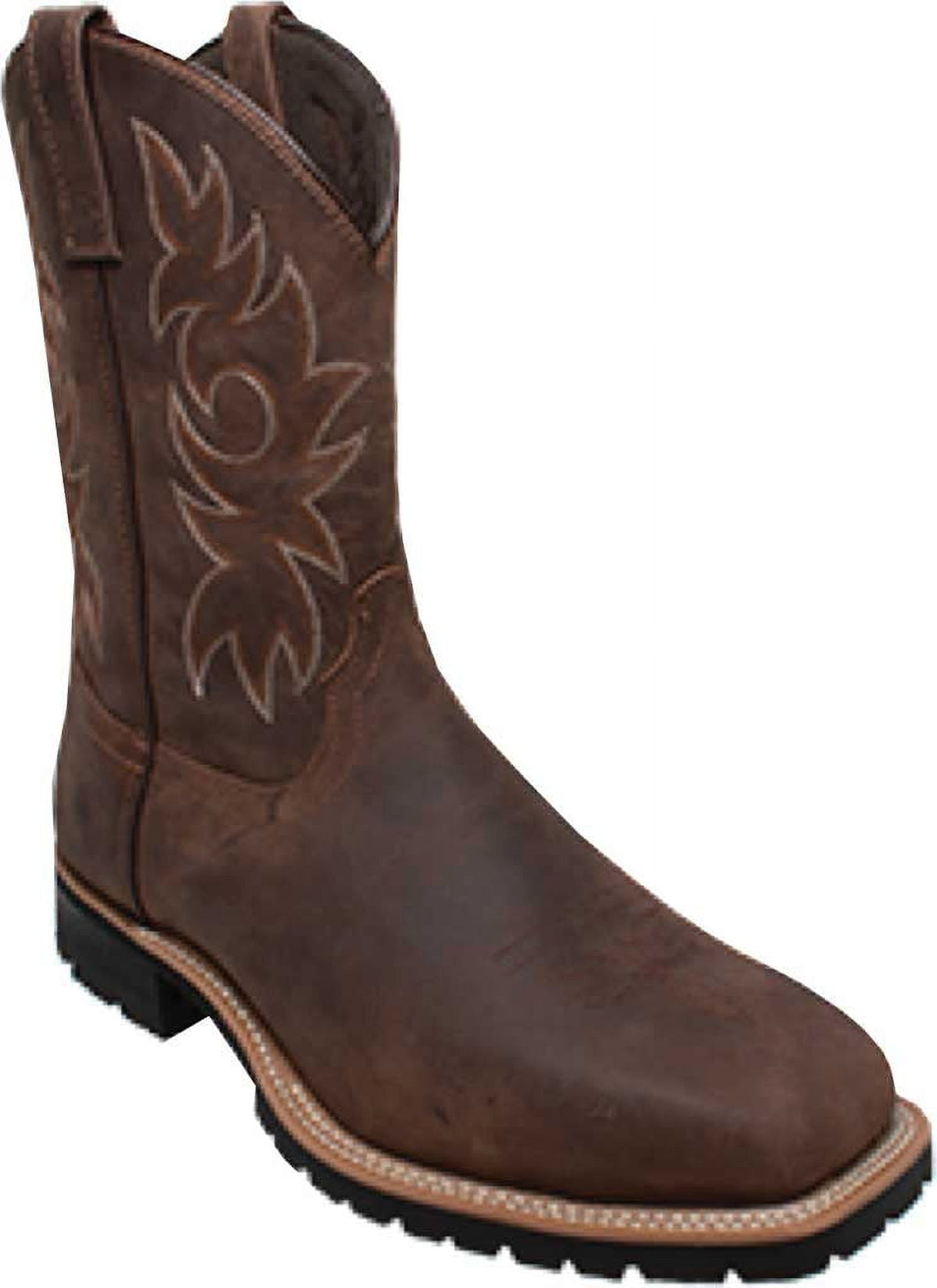 Men's 12-inch western work boot with square toe, pull tabs, and decorative stitching