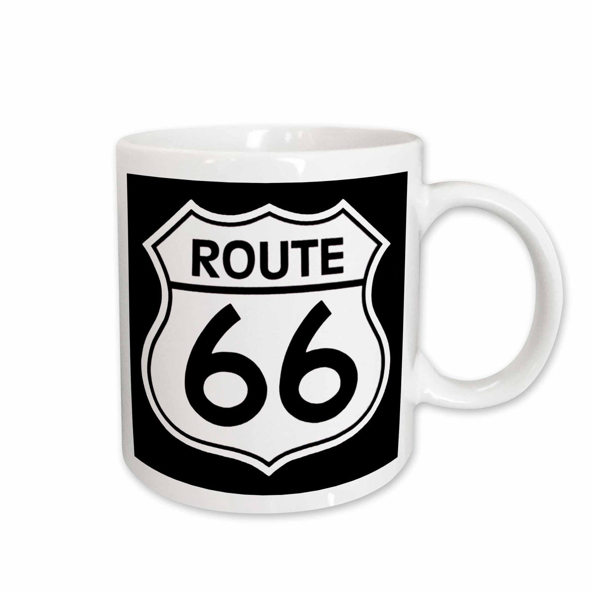 White ceramic coffee mug featuring a bold Route 66 highway sign graphic on black background