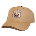Khaki baseball cap with embroidered Route US 66 highway shield logo on front panel