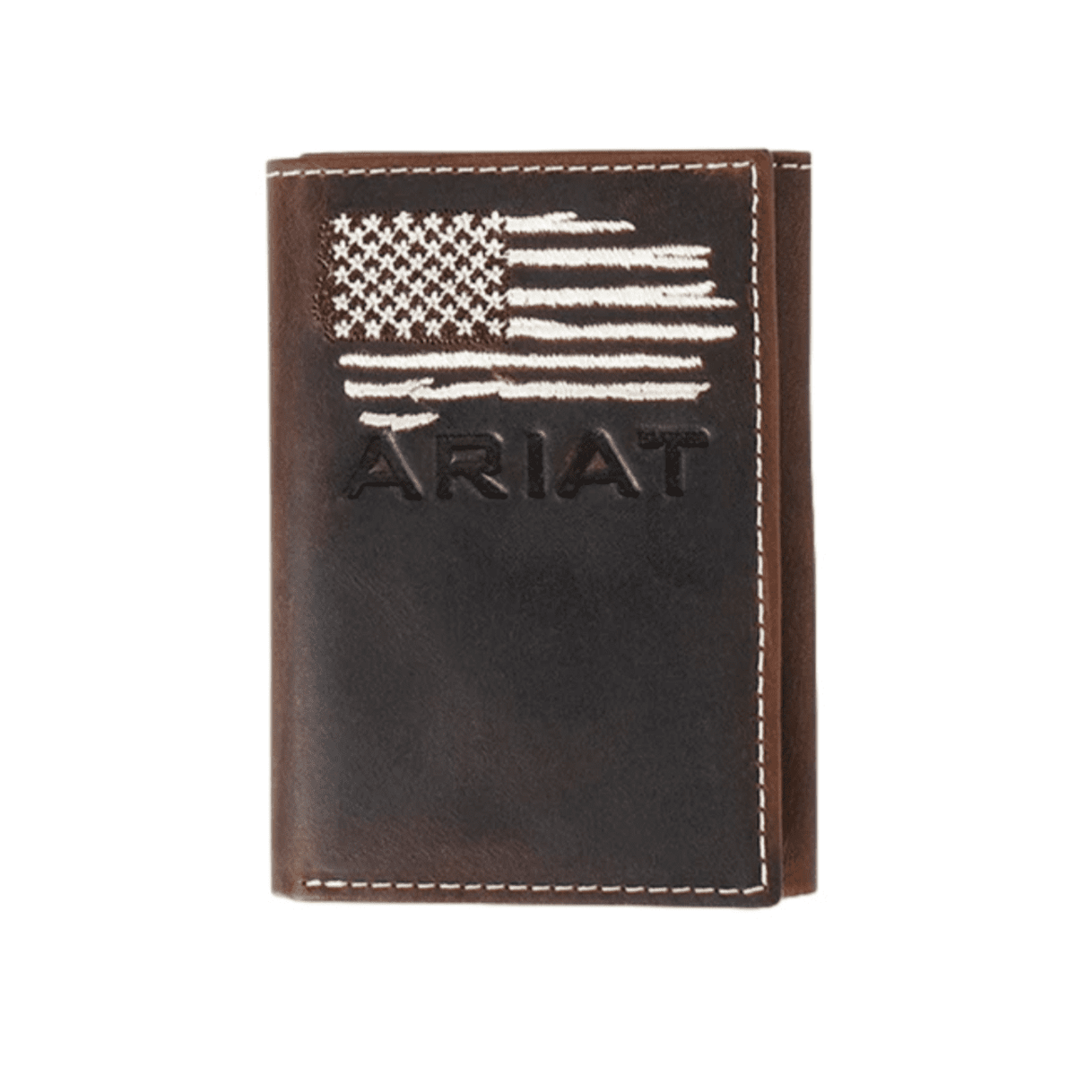 Ariat tri-fold leather wallet featuring embroidered distressed American flag and embossed logo
