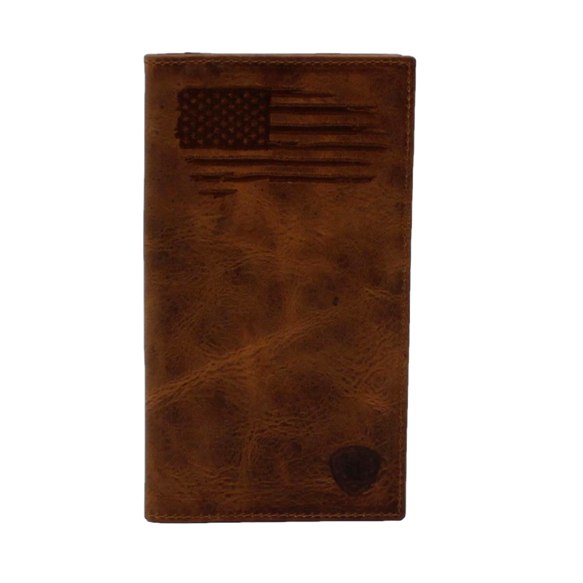 Ariat men's distressed leather rodeo wallet with embossed American flag on front