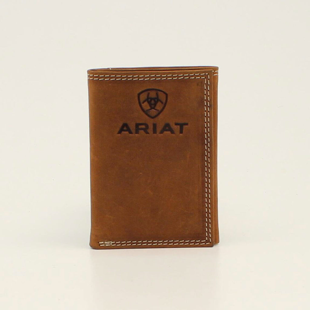 Ariat men's trifold leather wallet with embossed logo and contrast stitching