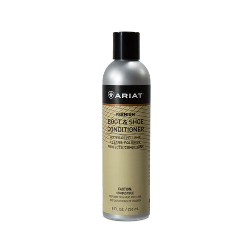 Ariat Premium Boot and Shoe Conditioner in an 8-ounce silver bottle with black cap