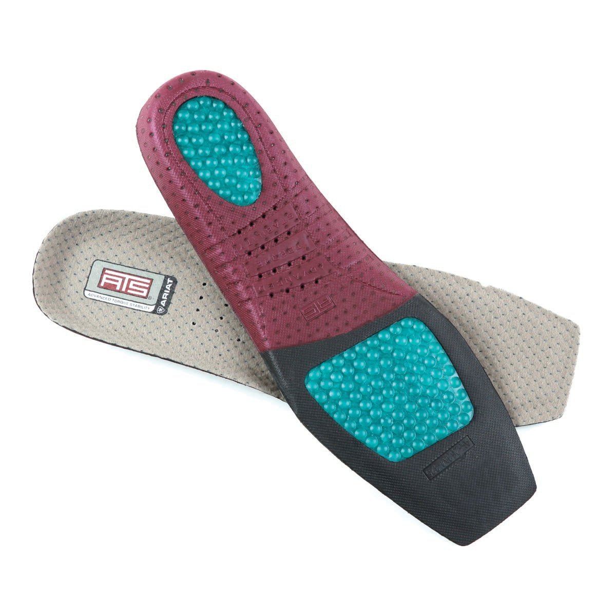 Ariat ATS wide square footbed insoles showing top and bottom with teal gel cushioning