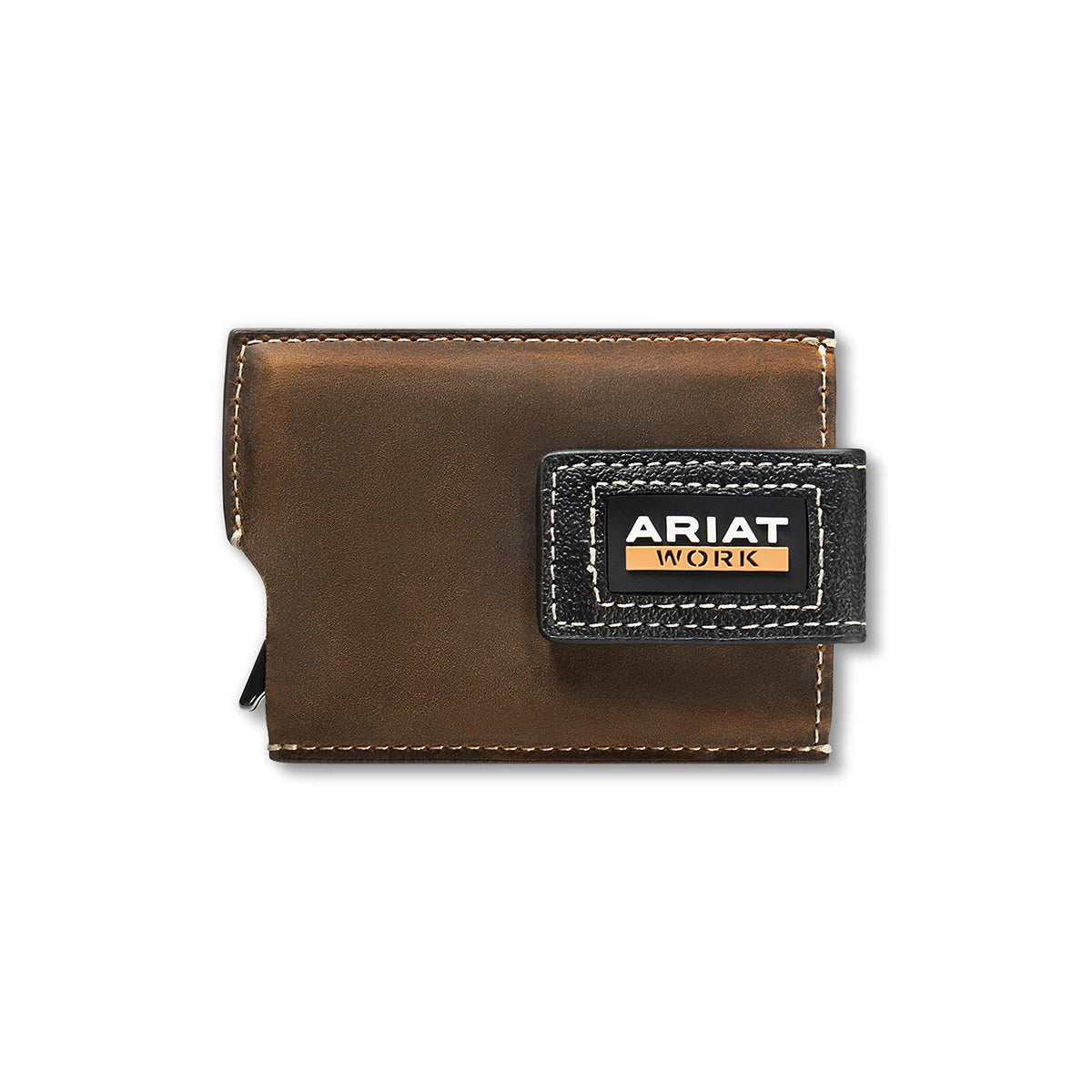 Ariat Work leather magnetic clip wallet with black logo patch on front
