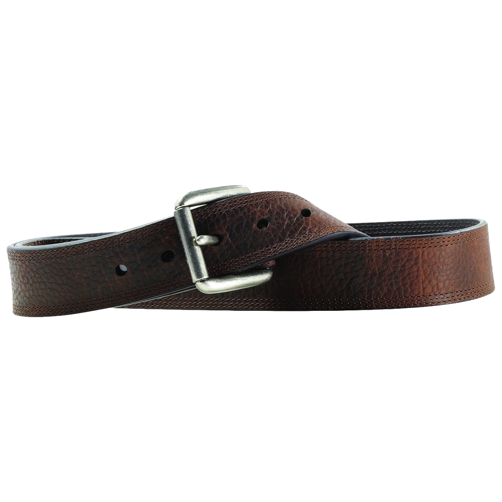 Men's brown leather belt with silver buckle and triple stitch edge detailing
