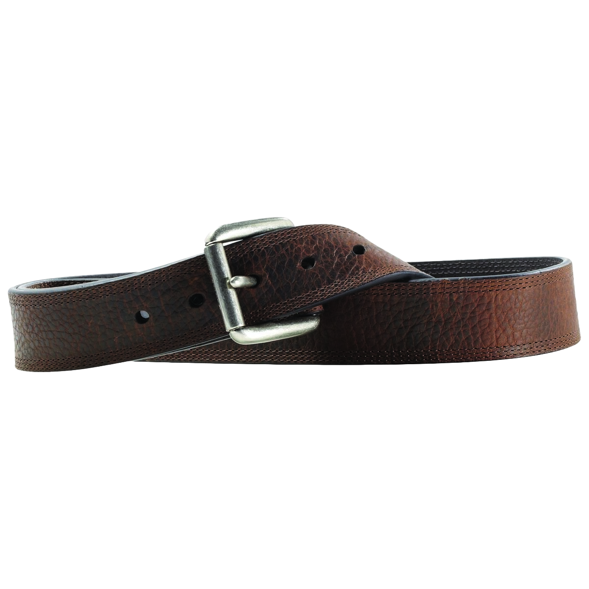 Men's brown leather belt with silver buckle and triple stitch edge detailing