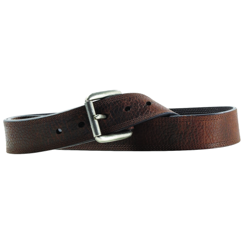 Men's brown leather belt with silver buckle and triple stitch edge detailing