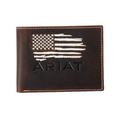 Ariat bifold leather wallet featuring embroidered distressed American flag design on front