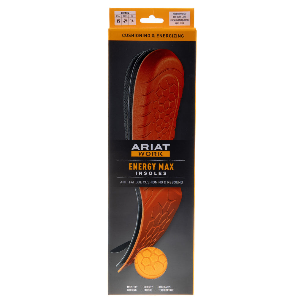 Ariat Work Energy Max insoles packaging showing wide square toe men's size 15 insoles