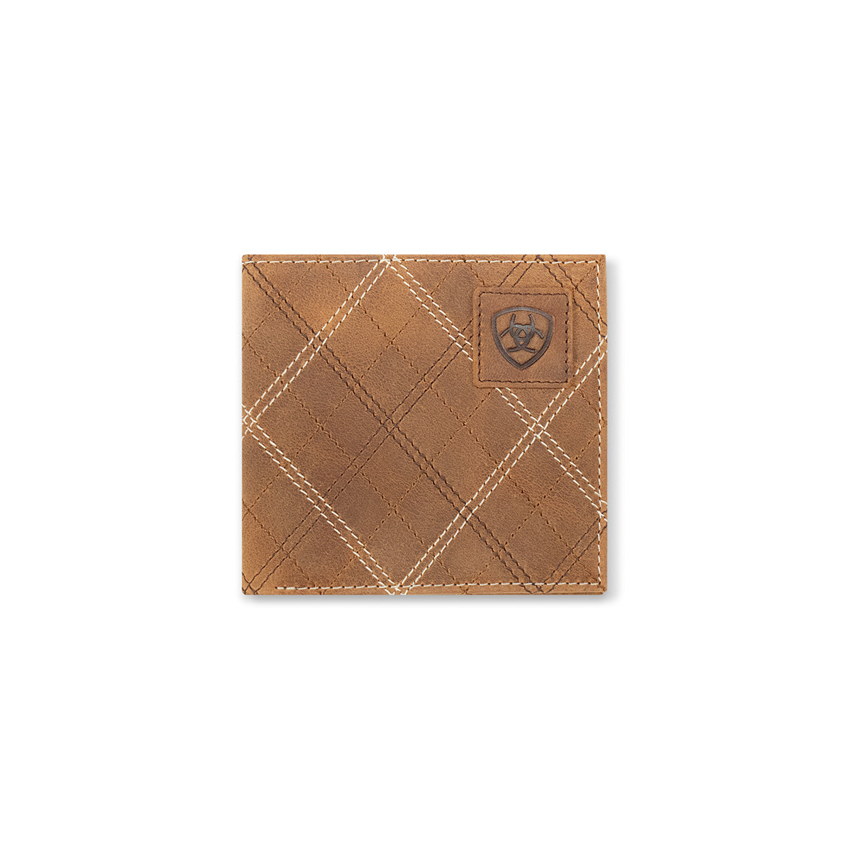 Ariat bi-fold leather wallet with diamond cross-stitch pattern and embossed shield logo patch