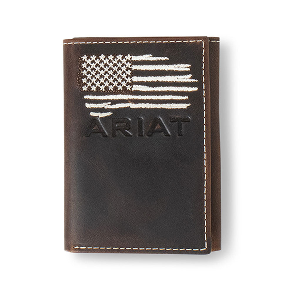 Ariat tri-fold leather wallet featuring embroidered American flag design and debossed logo