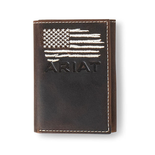 Ariat tri-fold leather wallet featuring embroidered American flag design and debossed logo