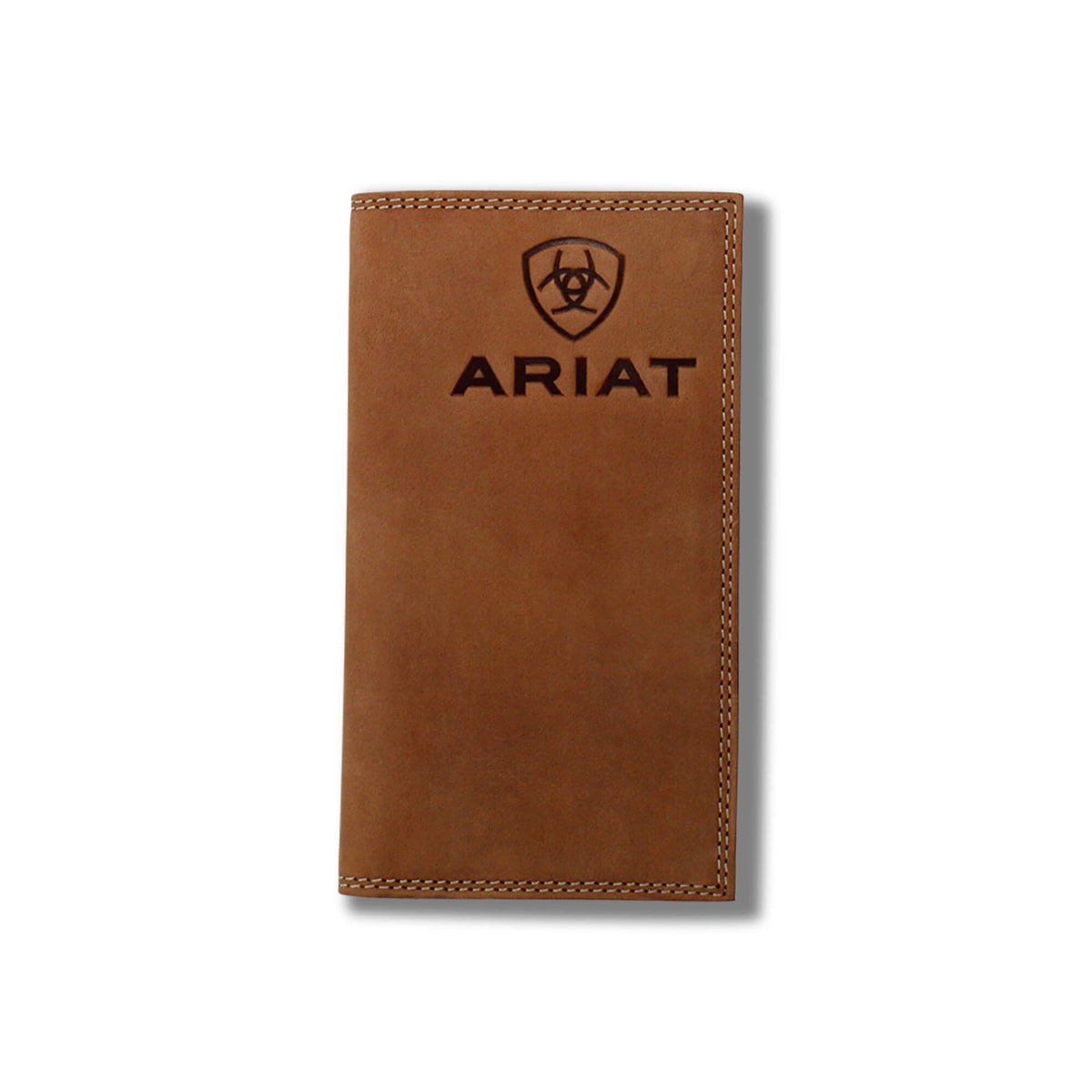 Ariat men's rodeo wallet in distressed leather with embossed shield logo and brand name