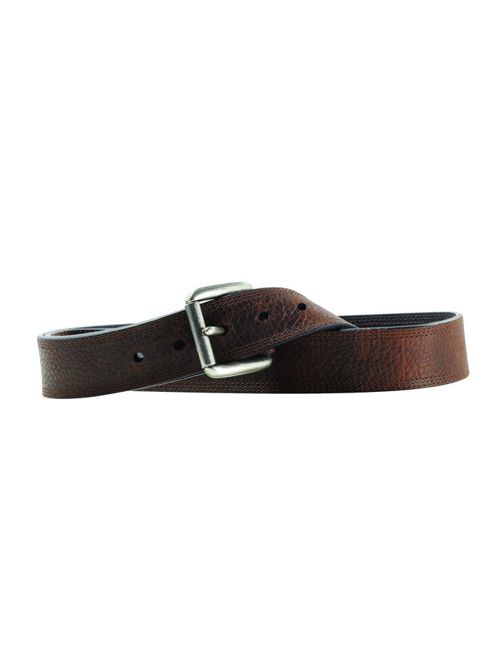 Coiled brown leather belt with silver metal buckle and triple stitch detailing