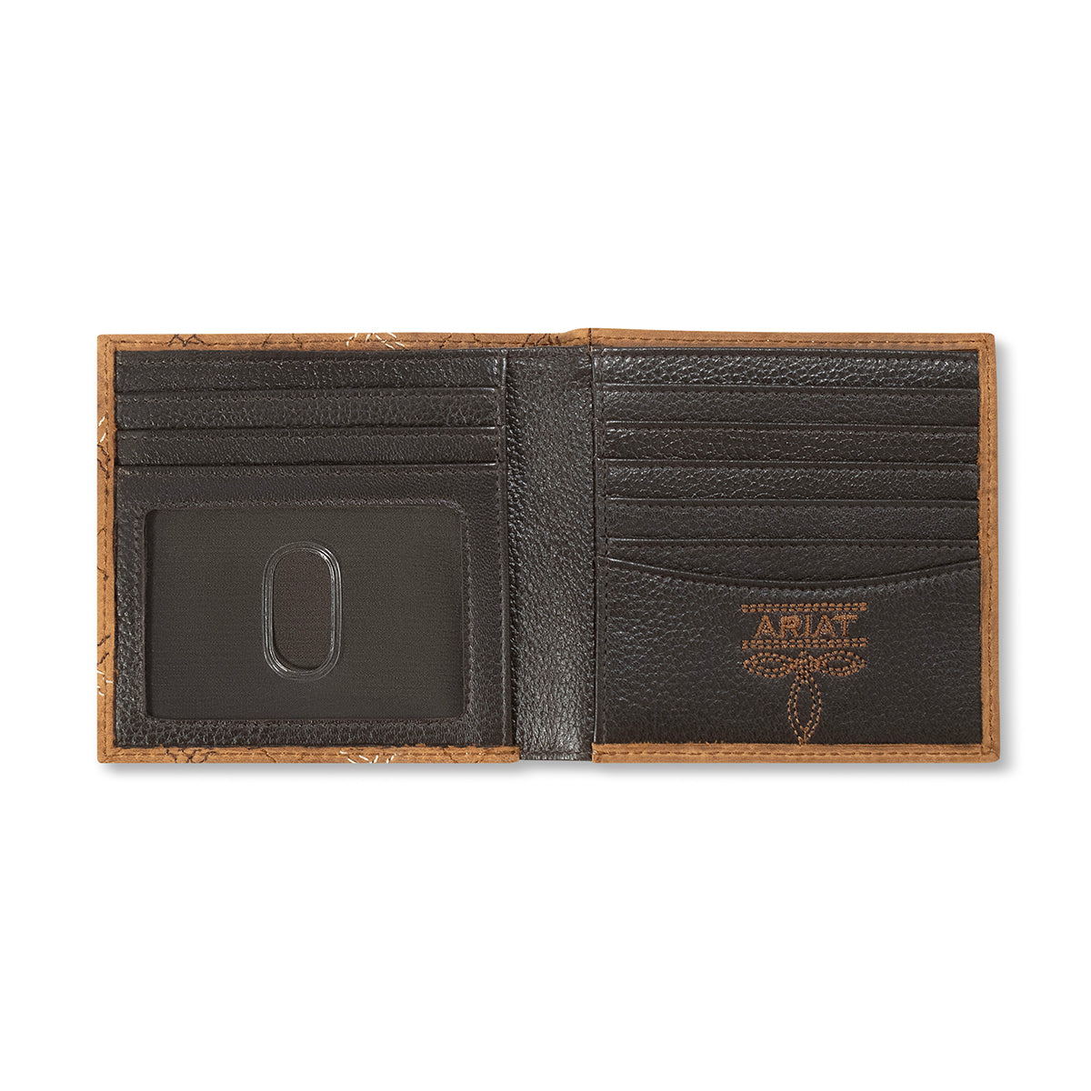 Ariat bi-fold wallet open showing card slots, ID window, and embroidered logo interior