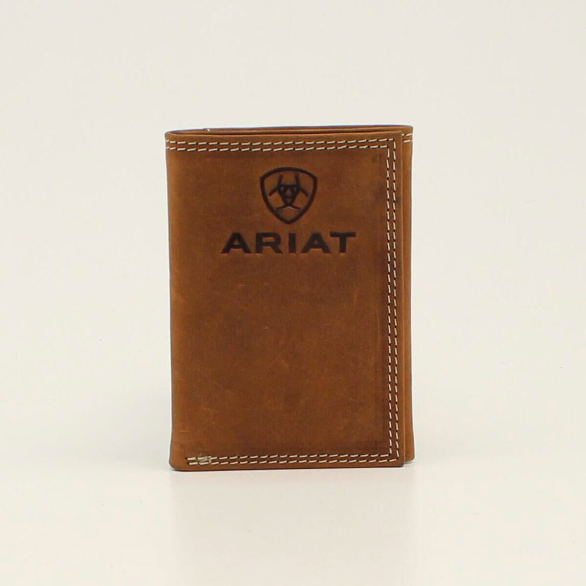Ariat men's trifold leather wallet with embossed logo and contrast stitching