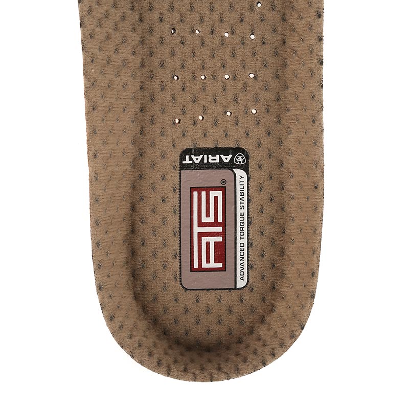 Ariat ATS footbed insole with Advanced Torque Stability label on tan perforated surface