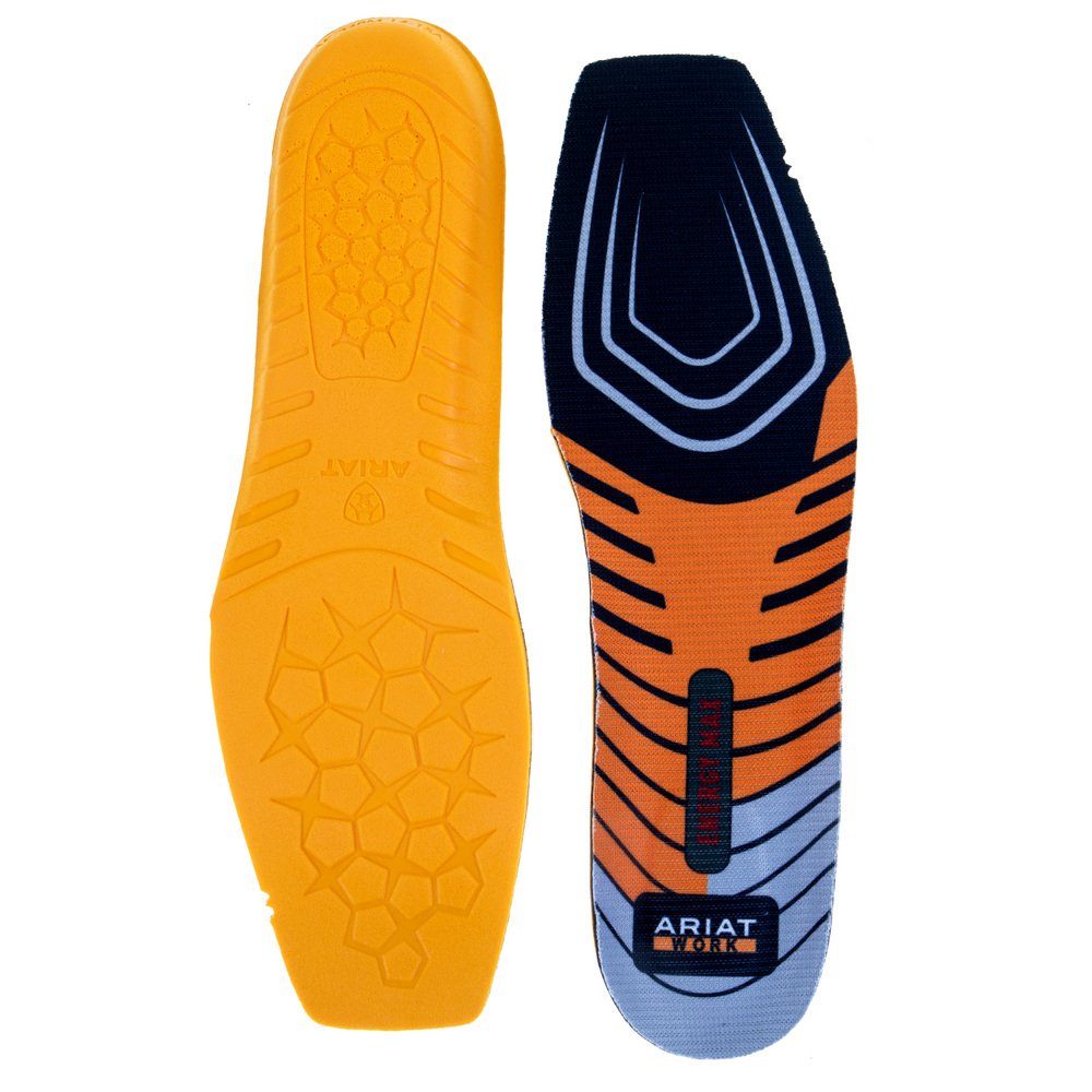Ariat Work insole shown from top fabric side and bottom cushioning side on white background