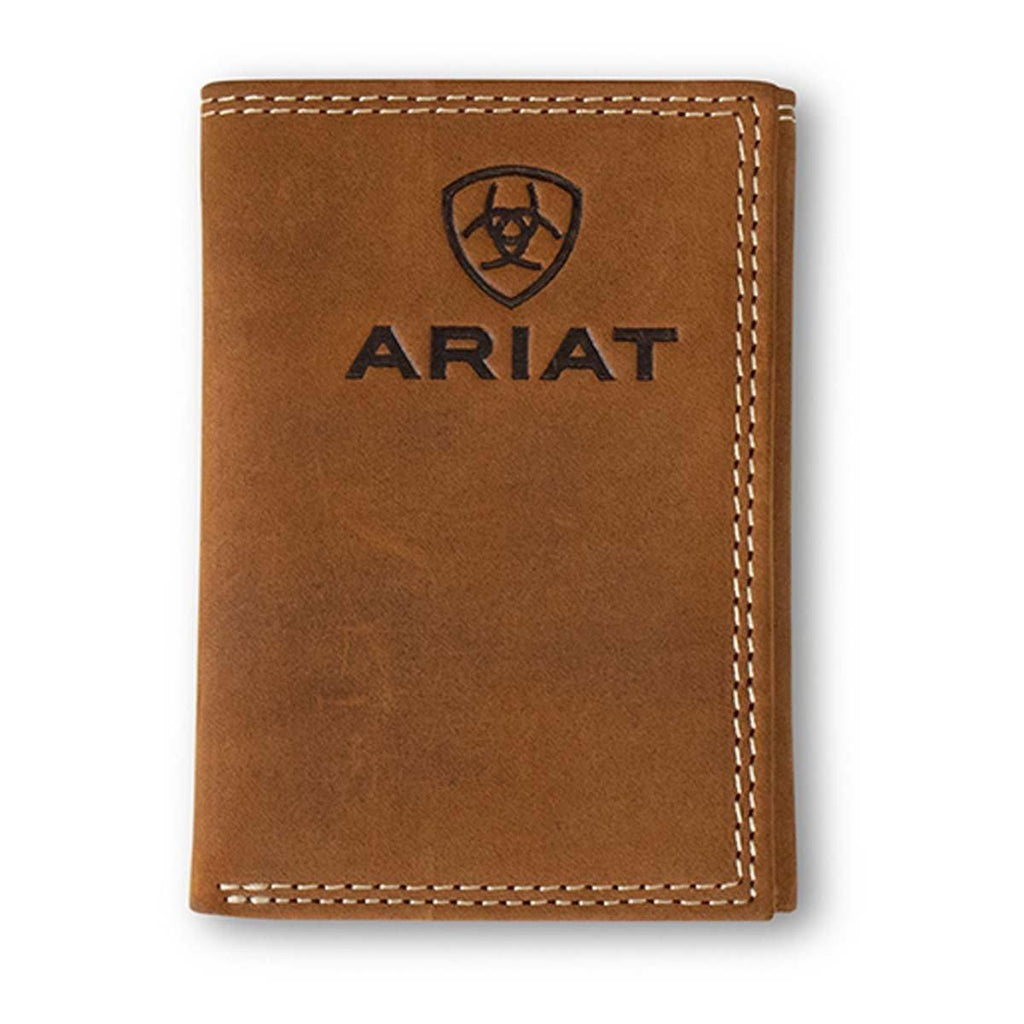 Ariat men's trifold leather wallet with embossed logo and contrast stitching