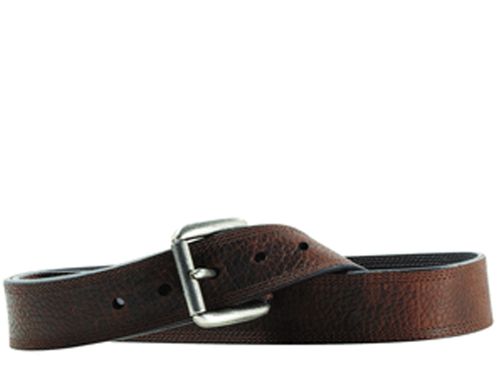 Brown leather men's belt with silver buckle and triple stitch detailing, shown flat
