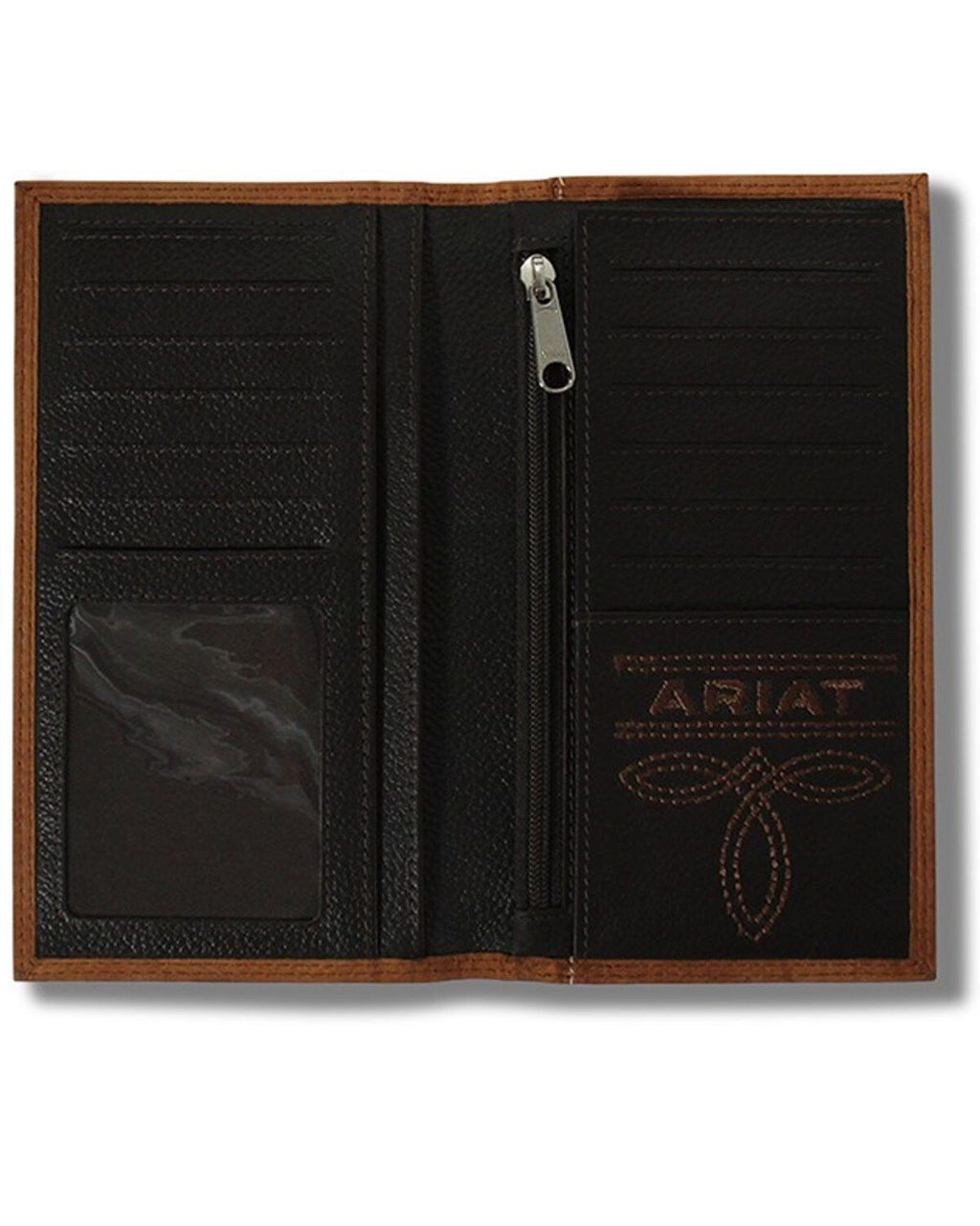 Ariat men's rodeo wallet open interior showing card slots, zip pocket, and embossed logo