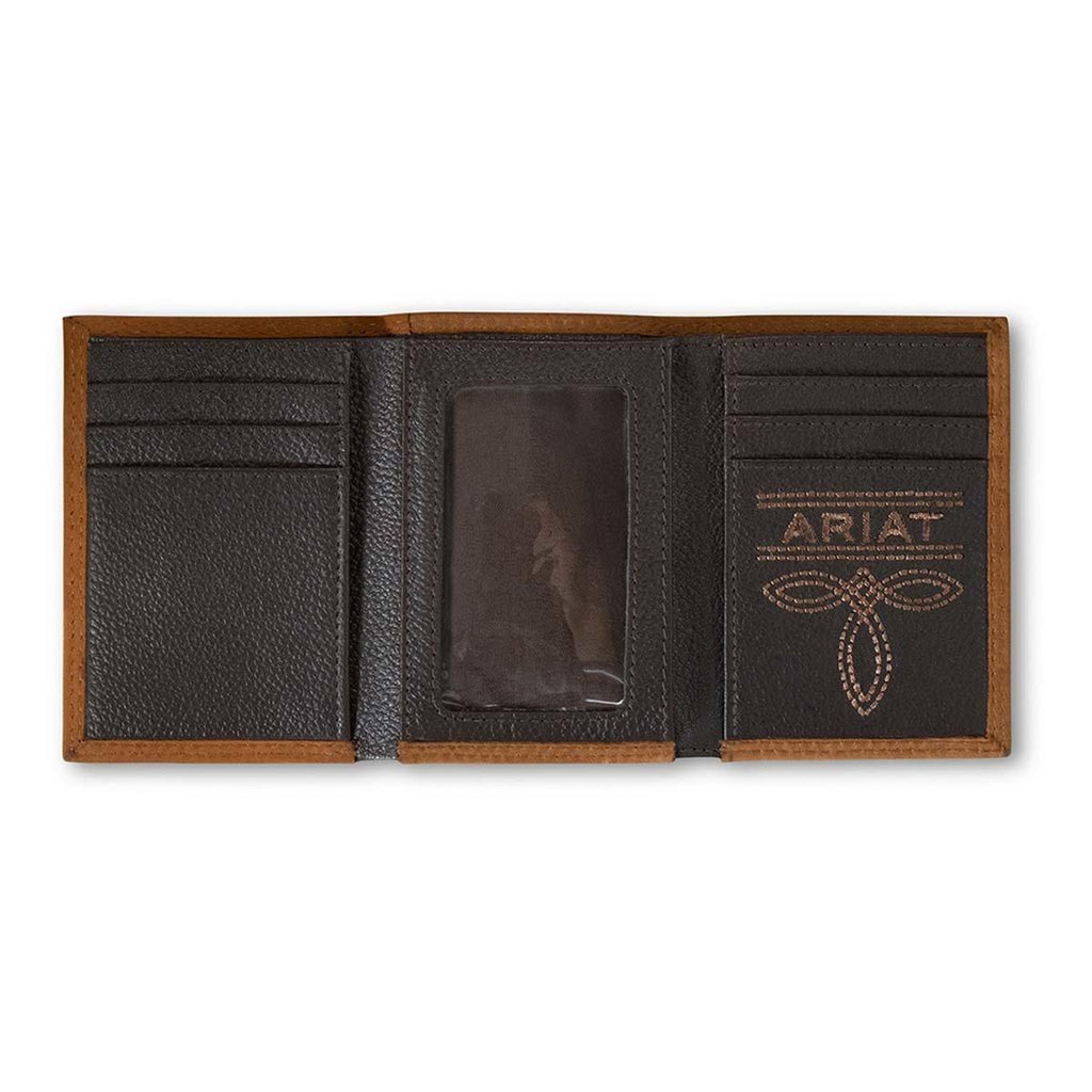 Ariat trifold leather wallet open showing card slots, ID window, and embossed logo