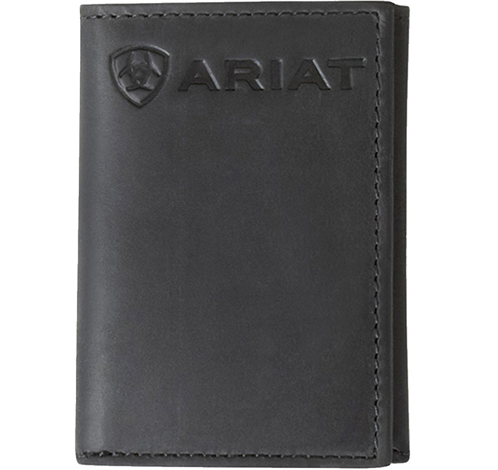 Ariat men's black leather trifold wallet with embossed logo on front